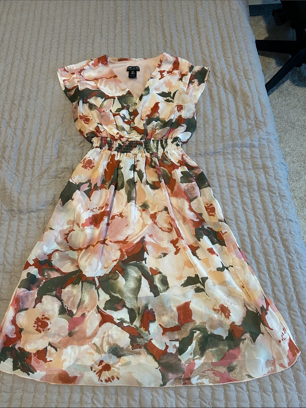 Kate and Lily Floral V-Neck Smocked Waist Dress in Blush and Olive